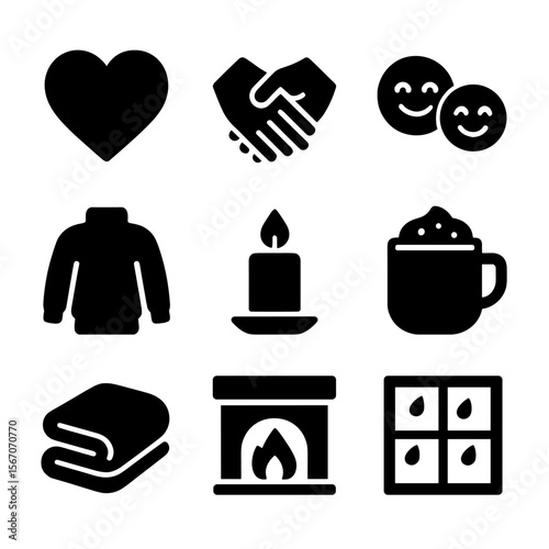Cozy Comfort Icons. Solid, filled icon set of intimate comfort: heart, intertwined hands, smiley faces, cozy sweater, candle, hot