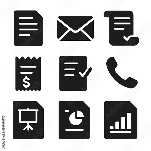 Business Communication Icons. Solid, filled icons set of business communication documents: memo, email icon,