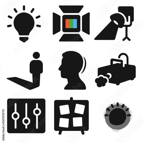 Lighting Effects Icons. Solid, filled icons set of lighting effects and mood creation: warm tone light,