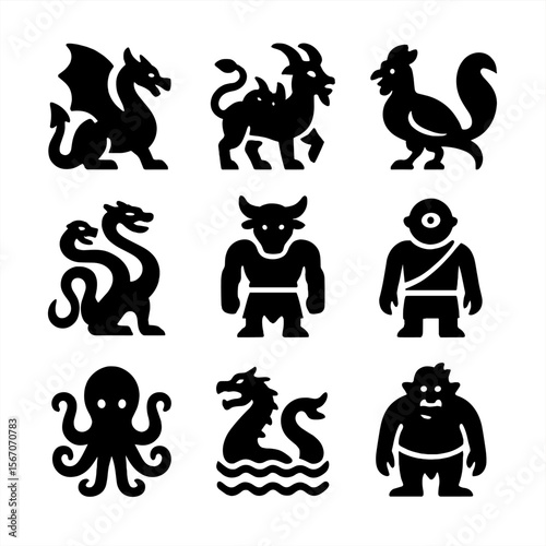 Mythical Creatures Icons. Solid, filled icon set of mythical creatures: dragon, chimera, basilisk, hydra, minotaur, cyclops,