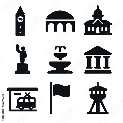 City Icons Grid. Solid, filled icon set of city center structures: clock tower, market hall, city hall, statue, fountain, museum