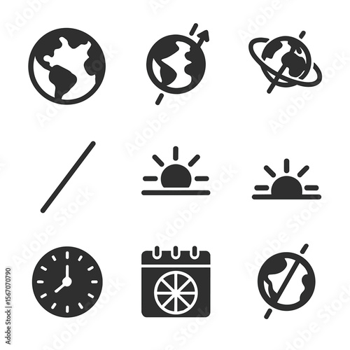 Earth Rotation Icons. Solid, filled icons set of Earth’s axial tilt and rotation: globe icon, tilt arrow,