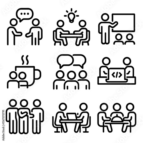 Coworking Icon Set. Solid, filled icon set of coworking community activities: networking event, brainstorming session, workshop,