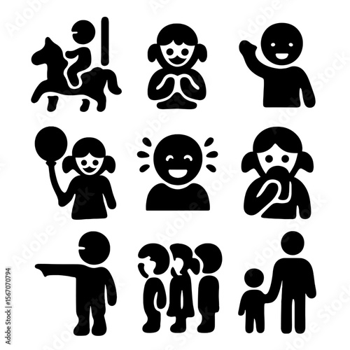 Children's Amusement Park Icons. Solid, filled icon set of children at amusement park: child on horse, clapping child, waving
