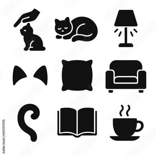 Cozy Cat Icons. Solid, filled icon set of affectionate cat interaction: petting hand, resting cat, couch seat, warm light, cat