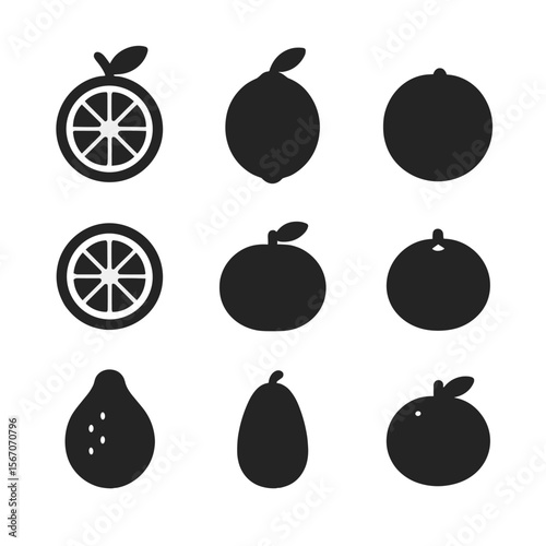 Citrus Icons Grid. Solid, filled icon set of citrus fruits: orange, lemon, lime, grapefruit, tangerine, clementine, pomelo,