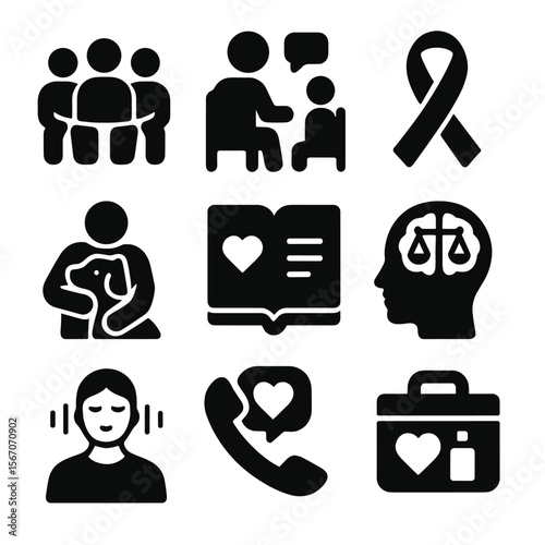 Mental Health Icons. Solid, filled icons set of mental health and disability: support group, counselor icon,