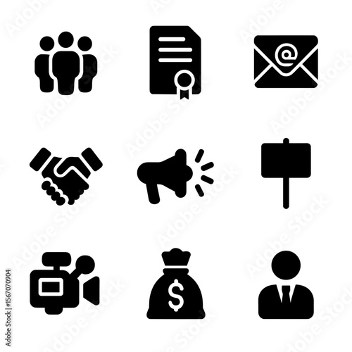 Class Action Icons. Solid, filled icon set of class action specific symbols: group of people, legal petition, mass email,