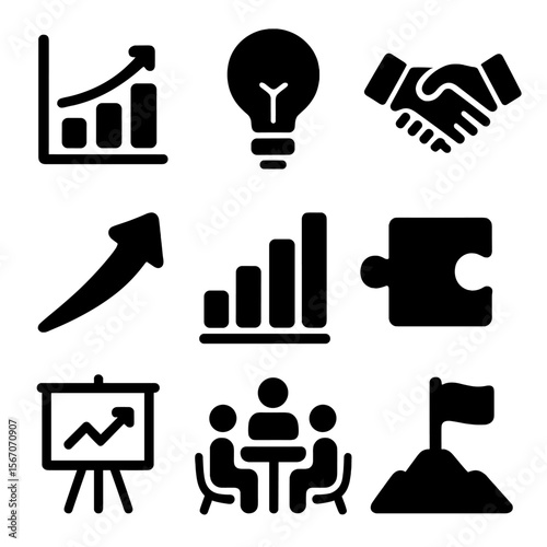 Business Strategy Icons. Solid, filled icons set of business strategy sessions: growth chart, lightbulb,