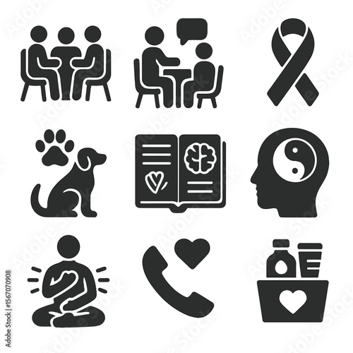 Mental Health Icons. Solid, filled icons set of mental health and disability: support group, counselor icon,