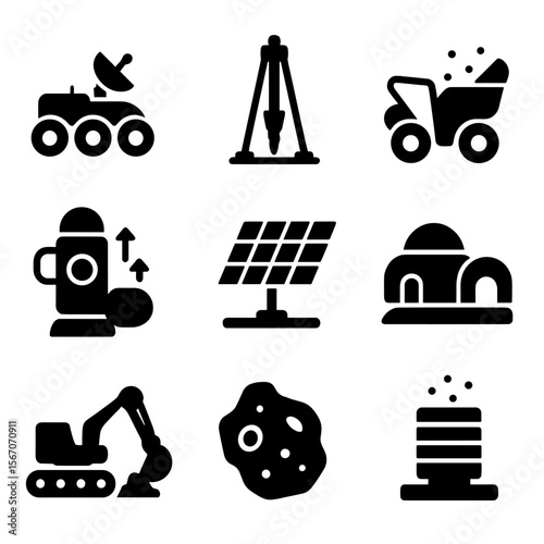 Lunar Resource Icons. Solid, filled icons set of lunar resource extraction: moon rover, drill rig, regolith