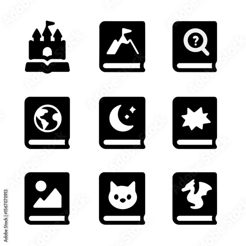 Children's Book Icons. Solid, filled icon set of children’s book genres: fairy tale, adventure, mystery, educational, bedtime