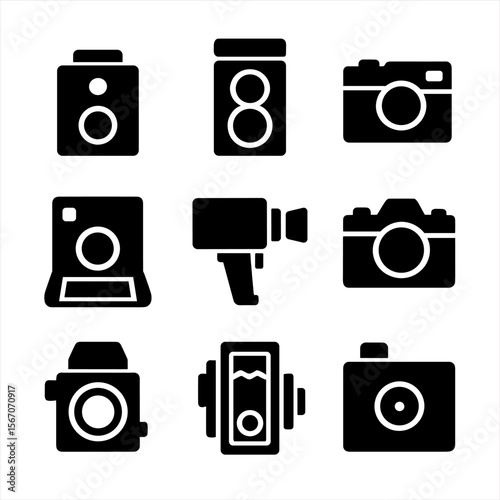 Classic Camera Icons. Solid, filled icon set of classic cameras: box camera, twin lens reflex, rangefinder, polaroid, super 8,