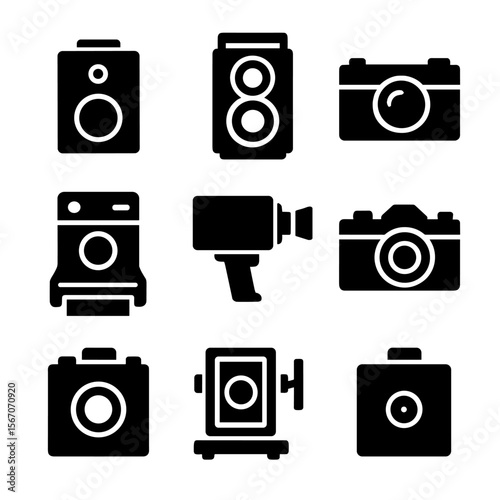 Classic Camera Icons. Solid, filled icon set of classic cameras: box camera, twin lens reflex, rangefinder, polaroid, super 8,