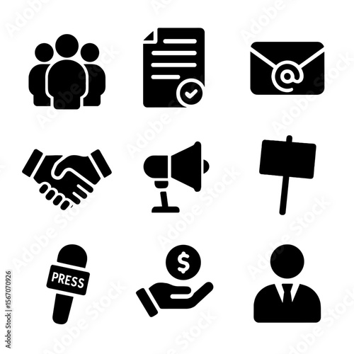 Class Action Icons. Solid, filled icon set of class action specific symbols: group of people, legal petition, mass email,