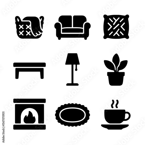 Cozy Living Room Icons. Solid, filled icon set of cozy living room: blanket basket, plush sofa, knitted cushion, coffee table,