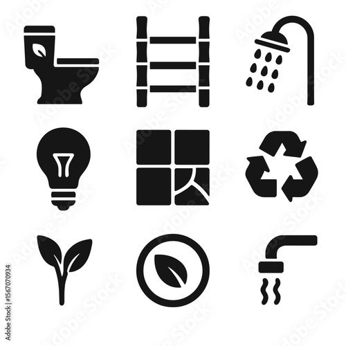 Eco-Friendly Bathroom Icons. Solid, filled icons set of eco-friendly bathroom renovations: water-saving toilet