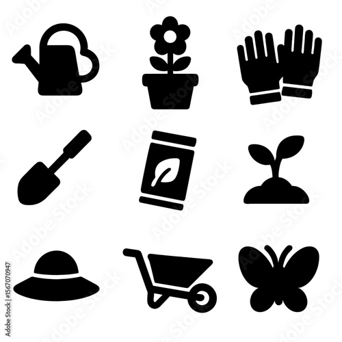 Children's Gardening Icons. Solid, filled icon set of children’s gardening clubs: watering can, flower pot, gardening gloves,