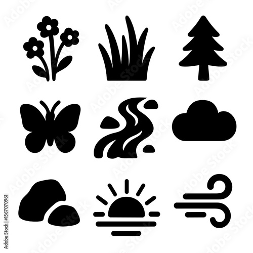 Nature Icons Grid. Solid, filled icon set of nature surroundings: wildflowers, tall grass, pine tree, butterfly, flowing stream,