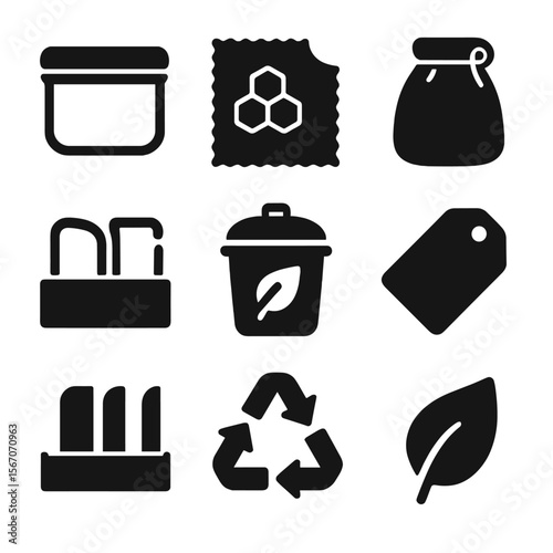 Eco-Friendly Kitchen Icons. Solid, filled icons set of eco-friendly kitchen storage: glass container, beeswax