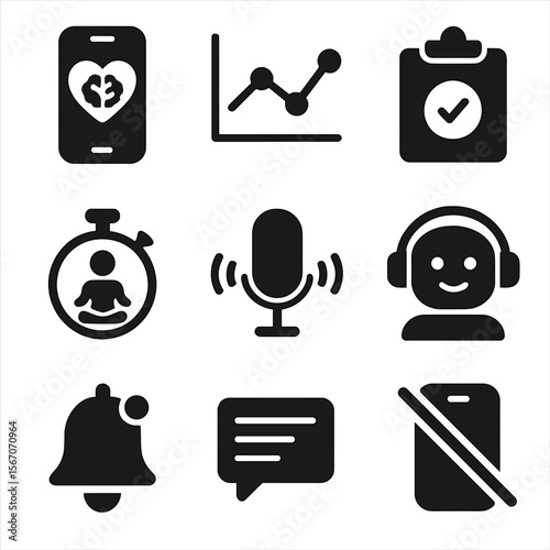 Mental Wellness Icon Set. Solid, filled icons set of mental wellness technology: mental health app, mood graph