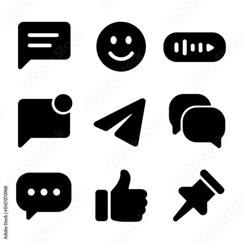 Messaging Icon Set. Solid, filled icons set of messaging and chat apps: chat window, emoji, voice message,
