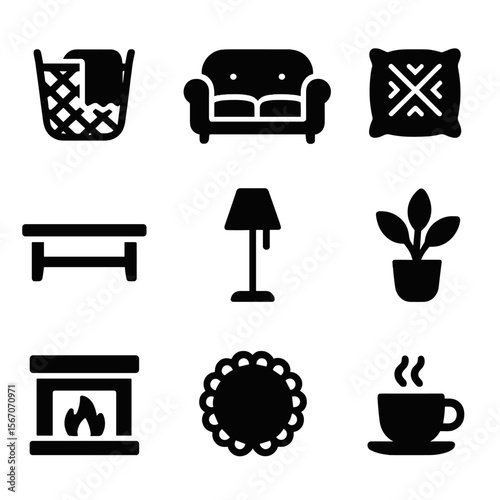 Cozy Living Room Icons. Solid, filled icon set of cozy living room: blanket basket, plush sofa, knitted cushion, coffee table,