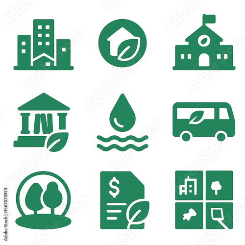 Eco-Friendly Icons. Solid, filled icons set of green municipal bonds: cityscape icon, local leaf badge, green