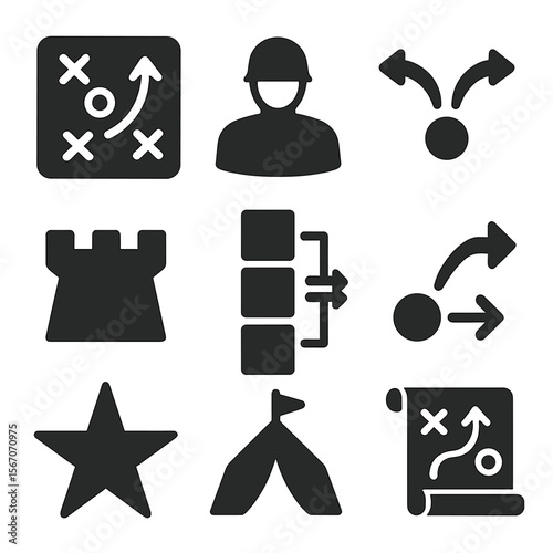 Military Strategy Icons. Solid, filled icons set of military strategy and tactics: war board, troop icon,