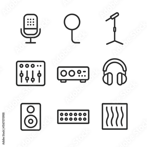 Recording Equipment Icons. Outline icon set of studio recording equipment: condenser microphone, pop filter, microphone stand,