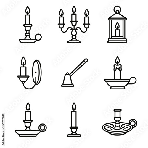 Antique Candle Holder Icons. Outline icon set of antique candle holders: brass candlestick, candelabra, lantern, wall sconce,