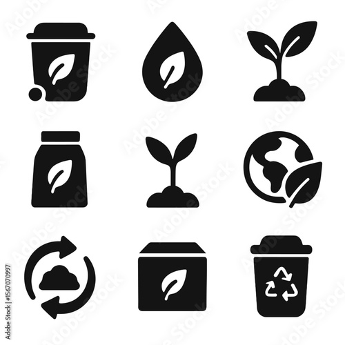 Eco-Friendly Packaging Icons. Solid, filled icons set of biodegradable and compostable packaging: compost bin,
