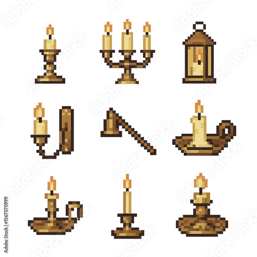 Antique Candle Holder Icons. Pixel art icon set of antique candle holders: brass candlestick, candelabra, lantern, wall sconce,