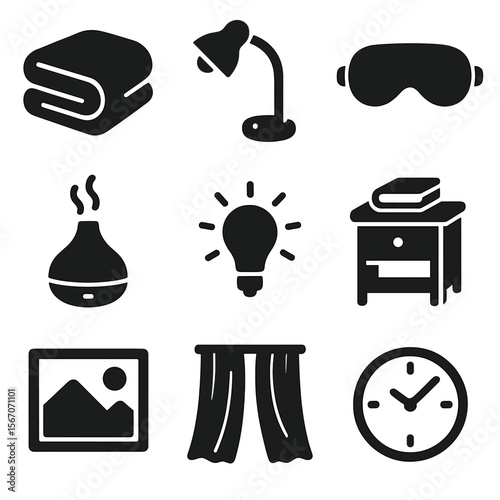 Calming Bedroom Icons. Solid, filled icons set of calming bedroom features: soft blanket, reading lamp, sleep