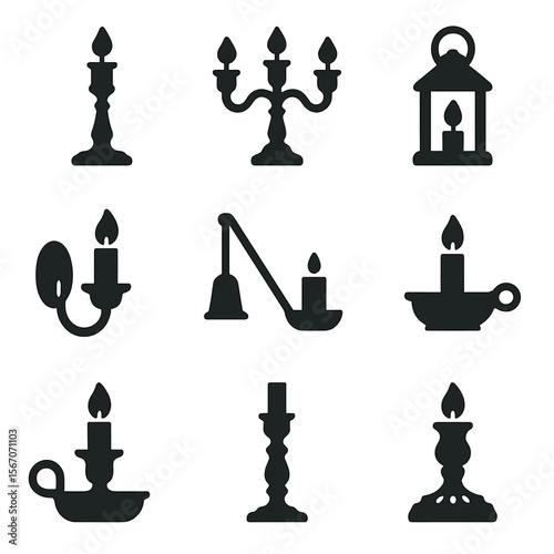 Antique Candle Holders. Solid, Filled icon set of antique candle holders: brass candlestick, candelabra, lantern, wall sconce,