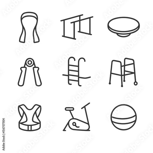 Rehabilitation Tools Icons. Outline icon set of rehabilitation and therapy tools: therapy resistance band, parallel bars, balance