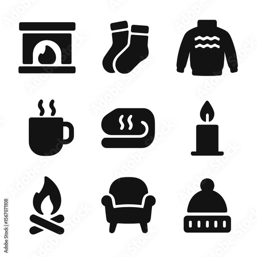 Cozy Warmth Icons. Solid, filled icon set of cozy warmth: fireplace, wool socks, knit sweater, steaming mug, heated blanket,