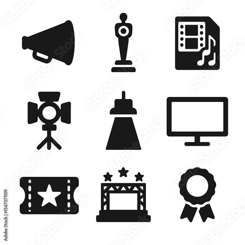 Cinematic Icons Collection. Solid, filled icon set of cinematic excellence: director’s megaphone, film trophy, film score sheet,