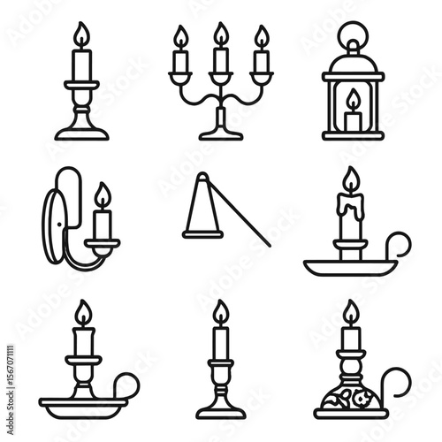 Antique Candle Holder Icons. Outline icon set of antique candle holders: brass candlestick, candelabra, lantern, wall sconce,