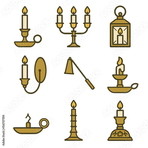 Antique Candle Holders. Flat icon set of antique candle holders: brass candlestick, candelabra, lantern, wall sconce, snuffer, wax