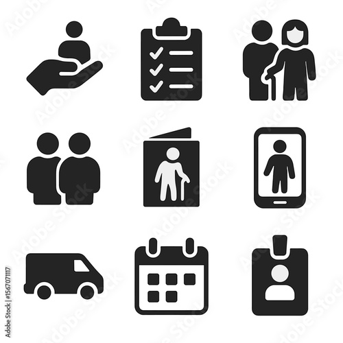 Elderly Care Icons. Solid, filled icon set of elder companionship programs: helping hand, clipboard list, caregiver icon, friend