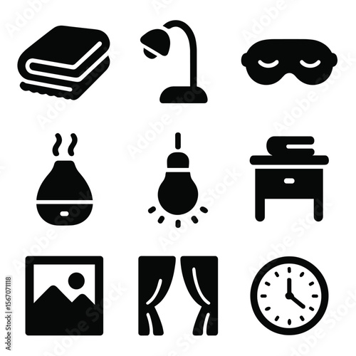 Calming Bedroom Icons. Solid, filled icons set of calming bedroom features: soft blanket, reading lamp, sleep