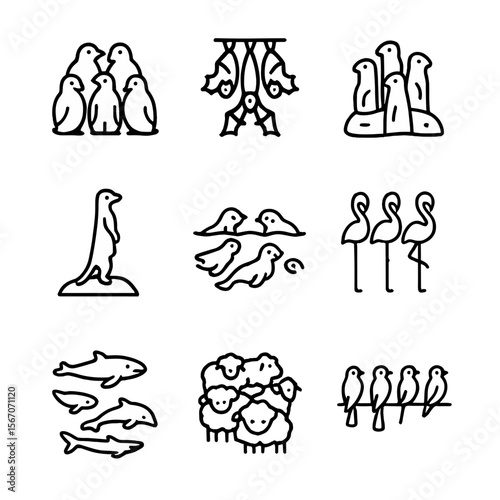 Animal Sleep Icons. Outline icon set of communal sleep arrangements: penguin huddle, bat cluster, prairie dog town, meerkat