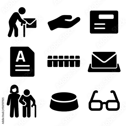 Elderly Assistance Icons. Solid, filled icons set of elderly mail assistance: cane and mail, helper hand,