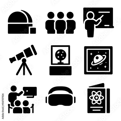 Educational Observatory Icons. Solid, filled icons set of educational observatories: planetarium dome, student