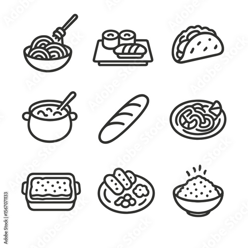 Regional Cuisines Icons. Outline icon set of regional cuisines: Italian pasta bowl, Japanese sushi roll, Mexican taco, Indian