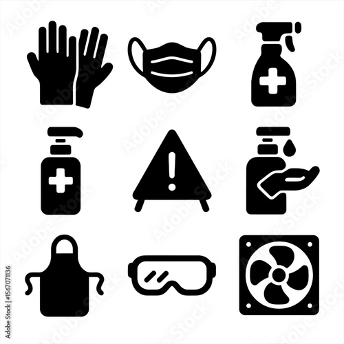 Cleaning Safety Icons. Solid, filled icon set of cleaning safety and hygiene: gloves, mask, cleaning spray, disinfectant, warning
