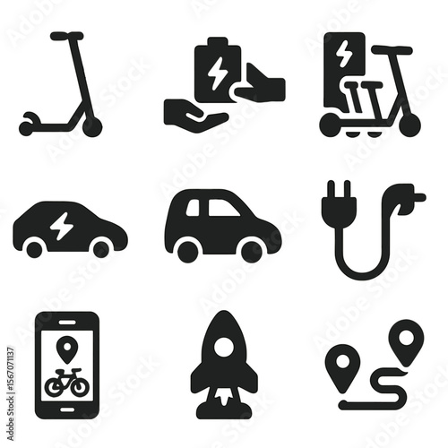Electric Mobility Icons. Solid, filled icons set of electric mobility startups: e-scooter, battery swap,