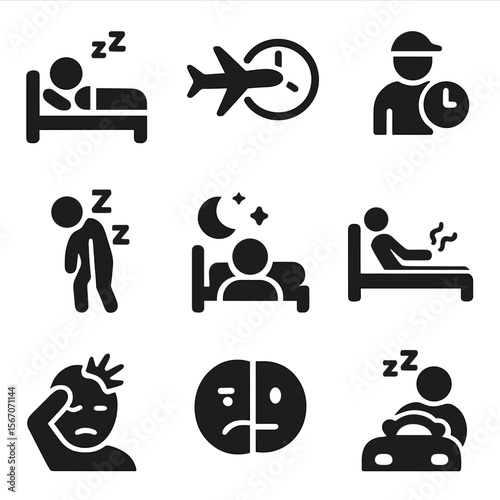 Circadian Disorder Icons. Solid, filled icon set of circadian disorders: insomnia, jet lag, shift work, fatigue, sleep apnea,