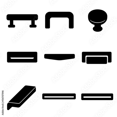 Modern Drawer Pulls. Solid, filled icons set of modern drawer pulls: sleek bar, matte black pull, minimalist